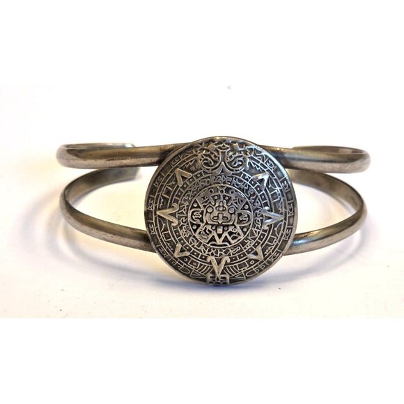 Sterling Silver 925 Aztec Calendar Design Cuff Bracelet For Women - Picture 1 of 4